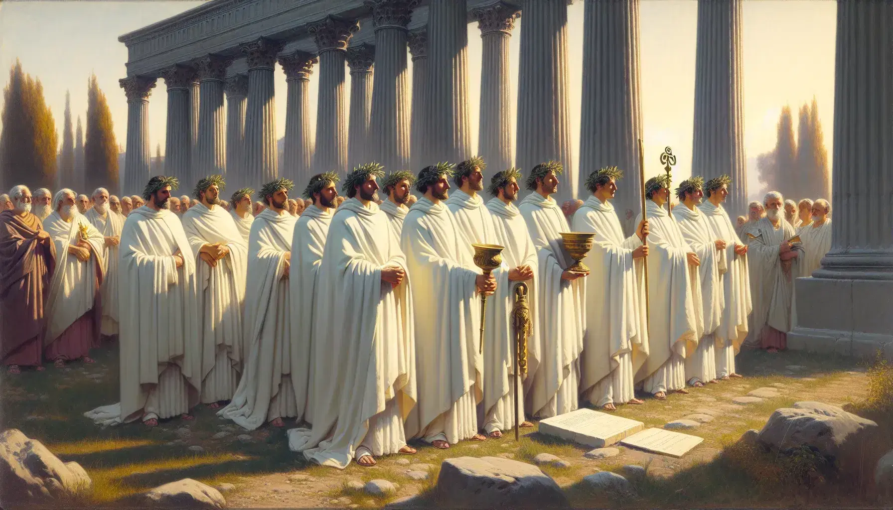 Sacerdoti romani in toga con corone di alloro e lituo durante rito antico, tempio con colonne corinzie sullo sfondo.
