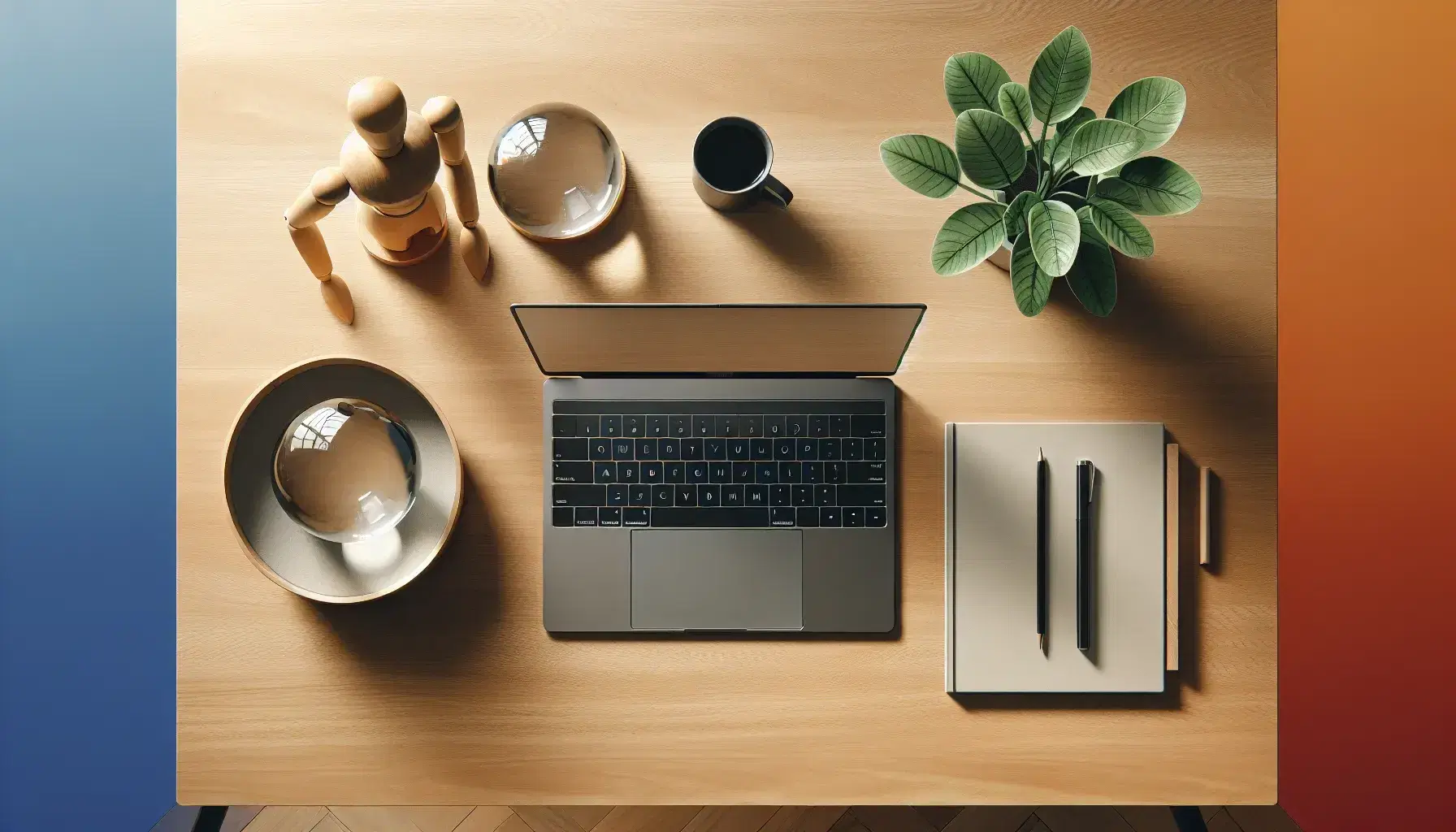 Light wooden desk with silver laptop, green plant in white pot, glass ball, wooden figure and coffee cup next to colorful books.