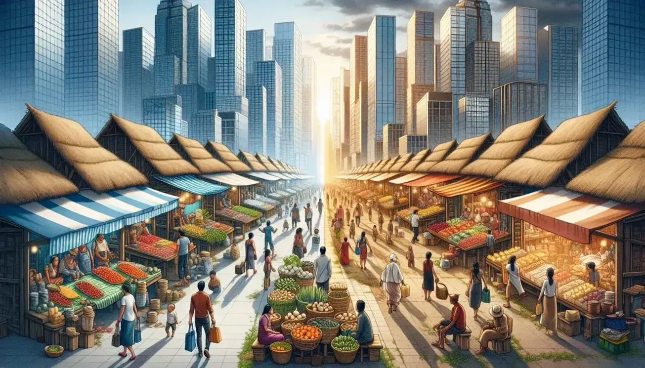Cityscape showing the transition from a traditional market with colorful stalls to a modern city with skyscrapers and orderly streets.