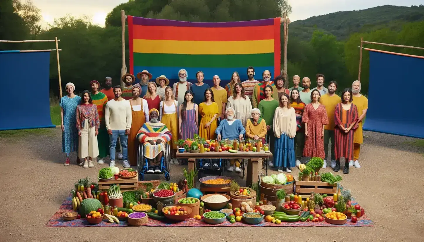 Grupo diverso de personas en un entorno natural con mesa de alimentos orgánicos y telón de fondo colorido, reflejando inclusión y sostenibilidad.