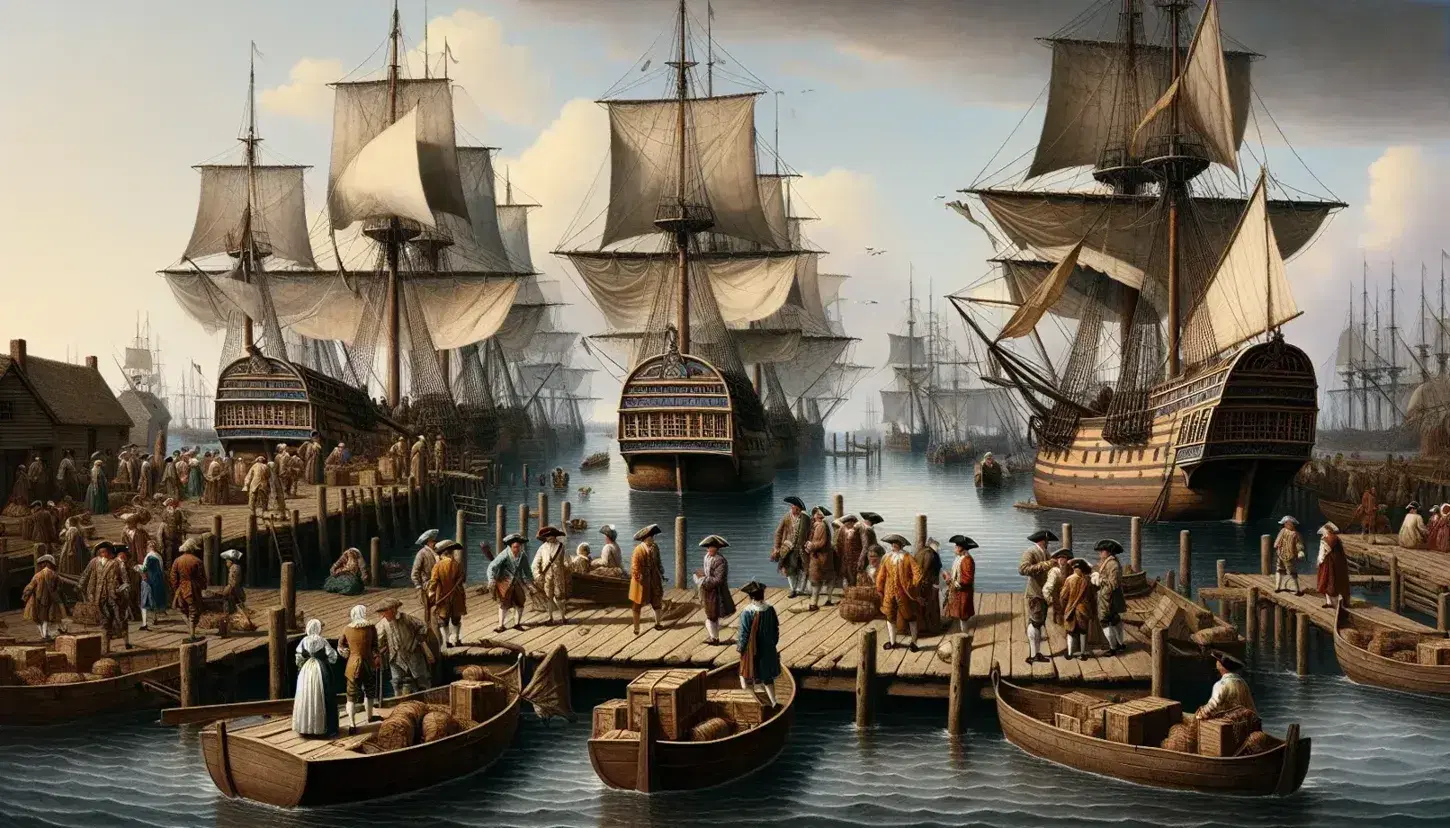 Bustling 17th-century French colonial port with tall ships, diverse townspeople on a dock, and quaint buildings under a clear blue sky.
