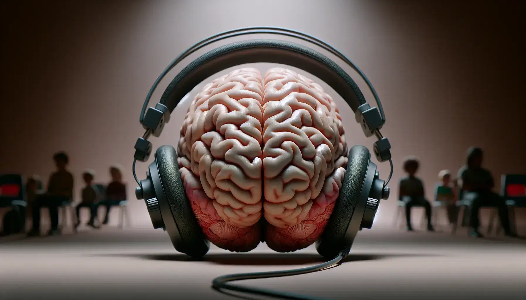 Detailed human brain model with color-coded lobes beside black over-ear headphones, against a backdrop of blurred, engaged children in a classroom setting.