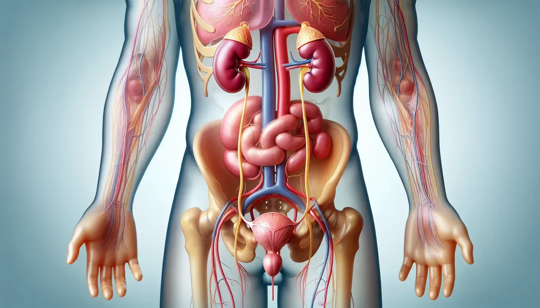 Modello anatomico 3D dei sistemi urinario e riproduttivo umani con reni, ureteri, vescica e gonadi su sfondo azzurro.