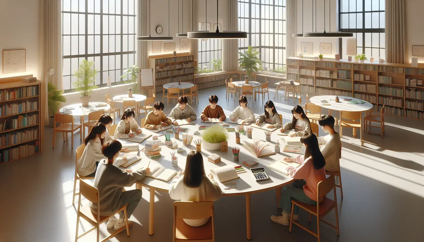 Studenti di varie età collaborano attorno a un tavolo rotondo con materiali didattici in una luminosa aula scolastica.