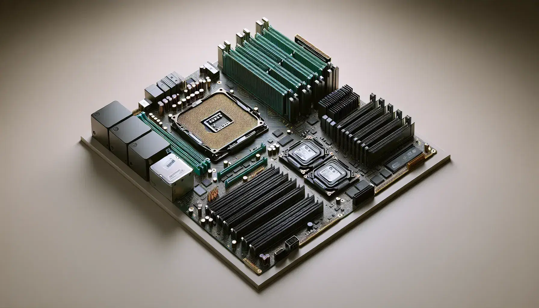 Componenti hardware per computer su superficie neutra, inclusi motherboard verde, processore, moduli RAM, hard disk e scheda grafica.