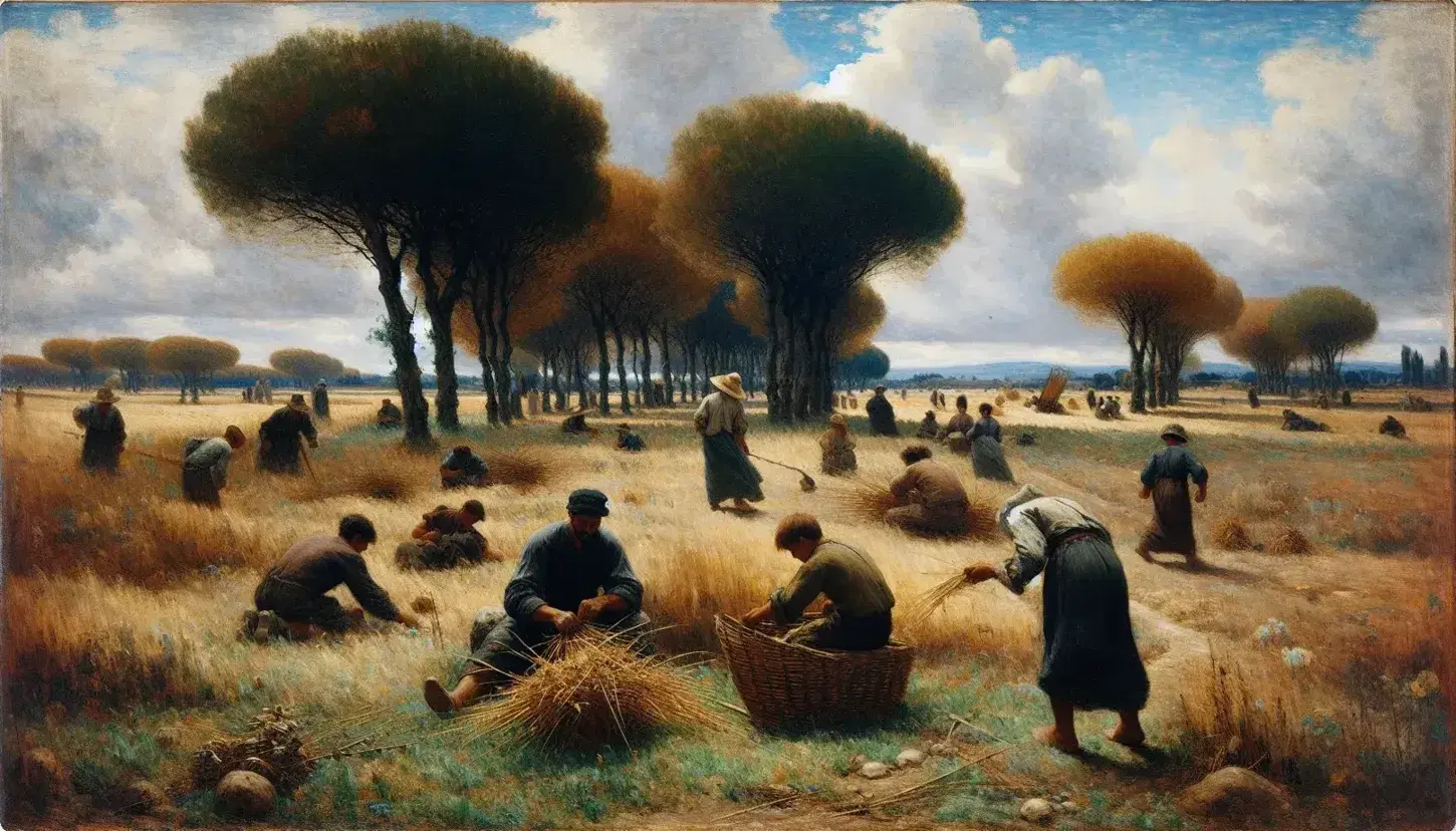 Dipinto Macchiaioli con contadini al lavoro in paesaggio rurale, pennellate ampie in toni caldi e cielo azzurro con nuvole.