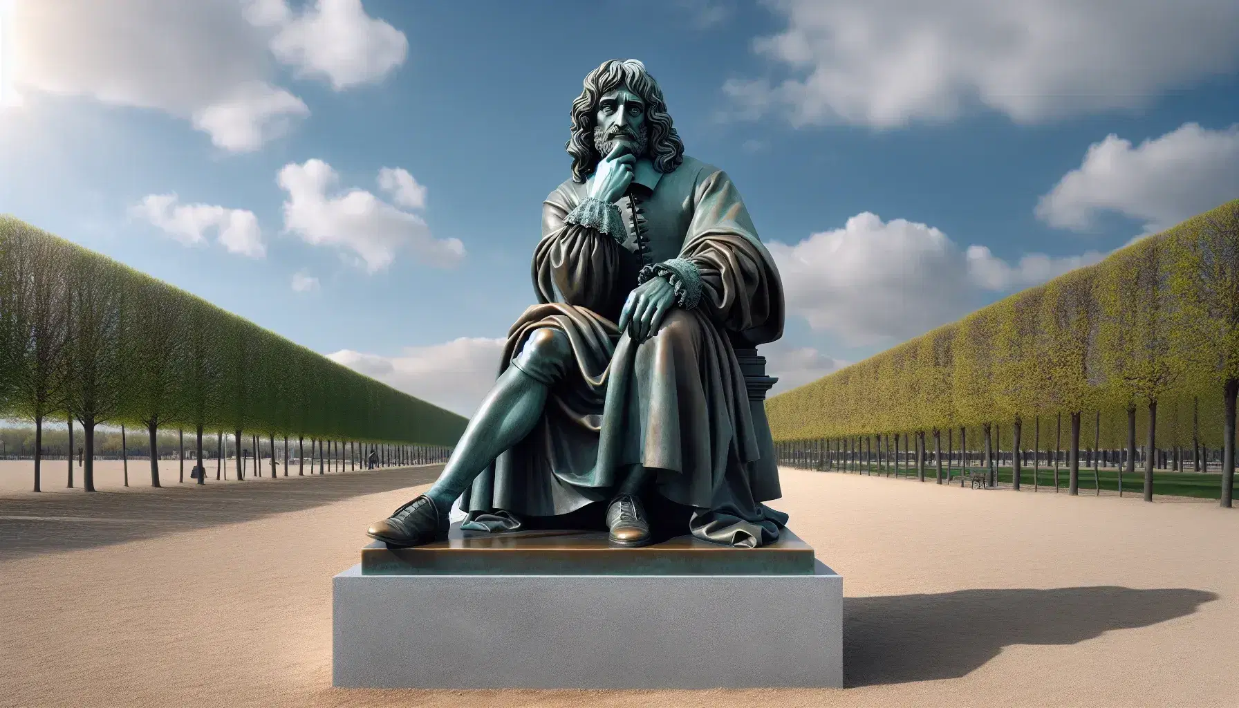 Estatua de bronce de René Descartes sentado en pose pensativa, con traje del siglo XVII, en un parque con árboles y cielo azul de fondo.