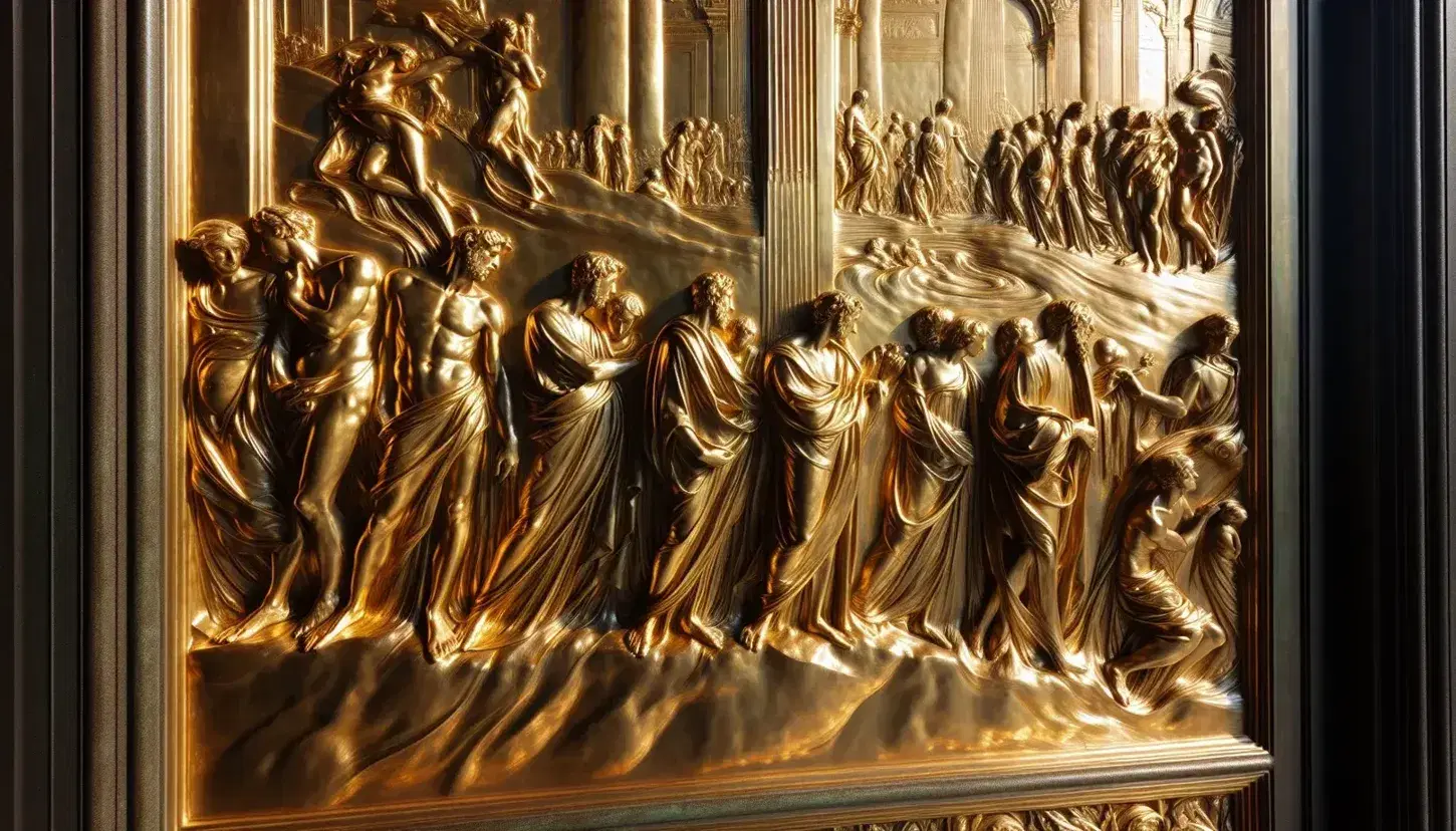 Dettaglio di un pannello dorato delle Porte del Paradiso di Lorenzo Ghiberti, con figure umane e elementi architettonici in rilievo.