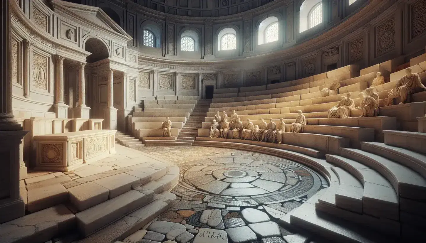 Interno ricostruito del Senato Romano con sedili semicircolari in marmo, mosaici sul pavimento e bassorilievo di senatori in toga.