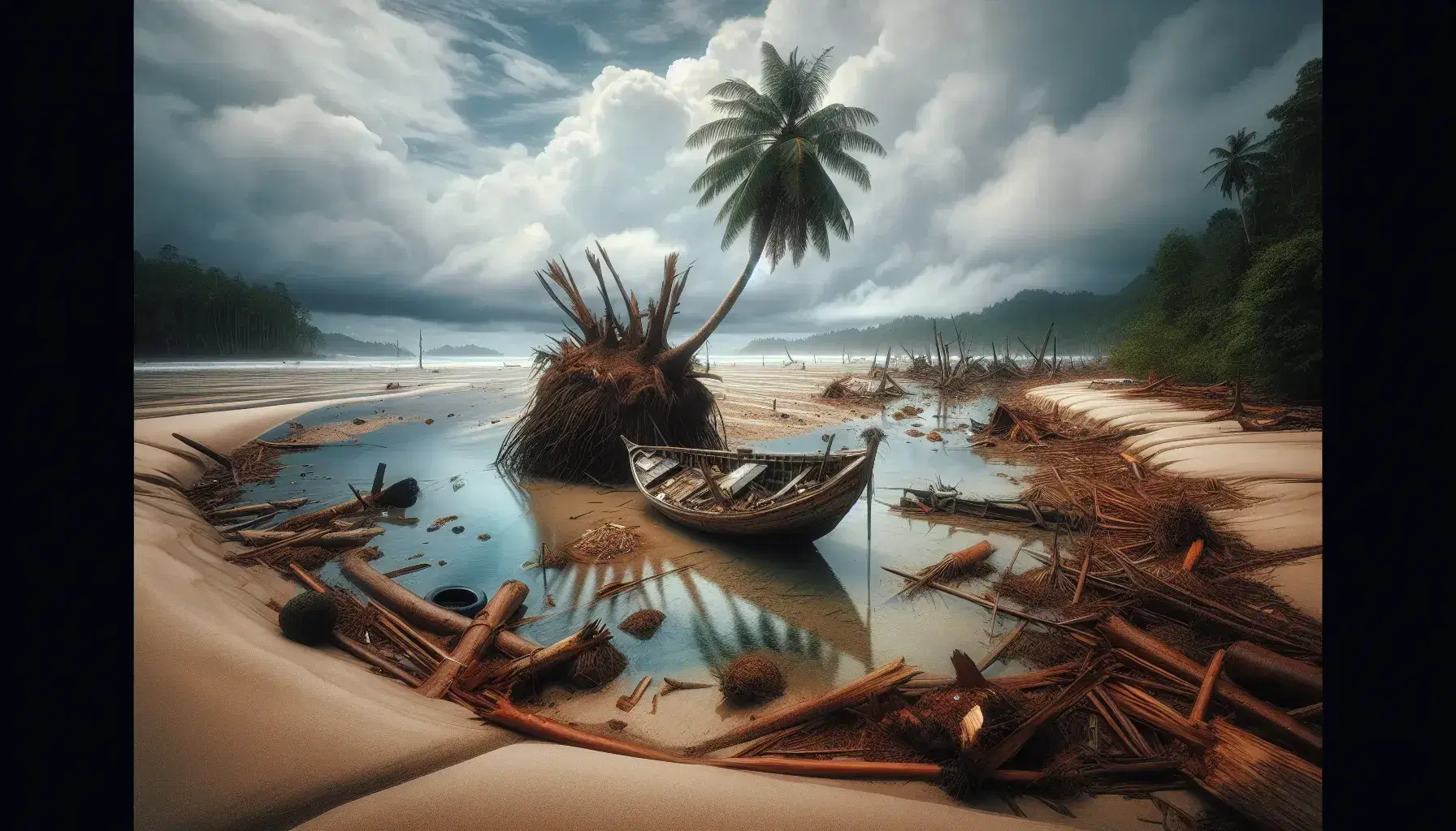 Post-tsunami coastal landscape with partially uprooted palm tree, debris on wet sand, damaged boat and calm sea under clear sky.
