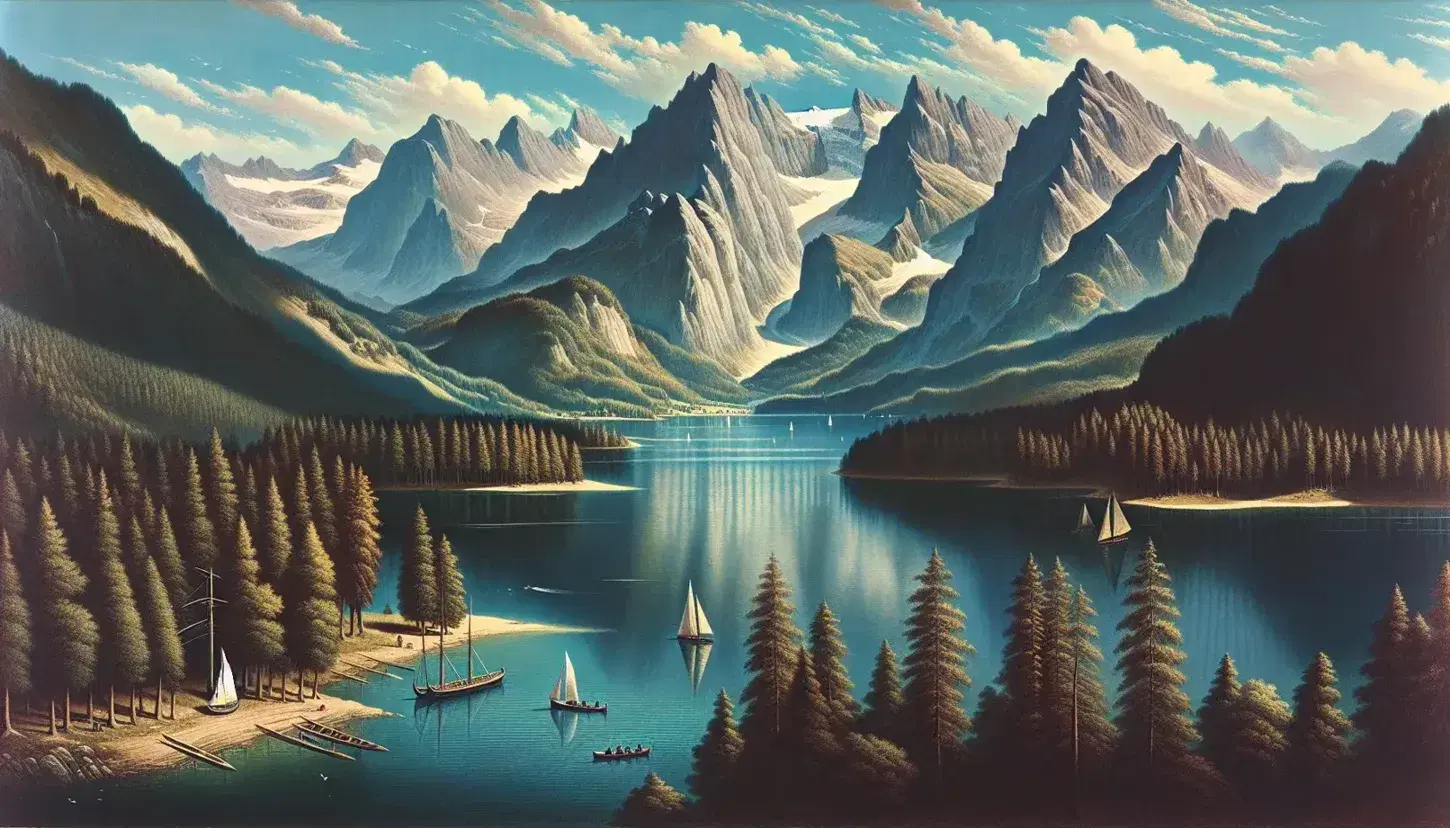 Vista panoramica di un lago alpino circondato da montagne con barche a vela ancorate, canoe in acqua e riflessi di alberi sullo specchio d'acqua.