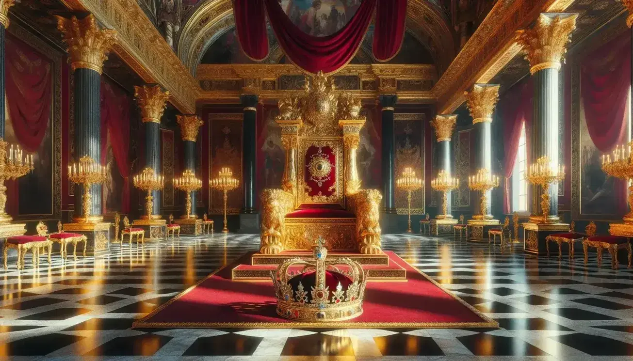 Trono dorato vuoto in sala regale con tappezzerie rosse, corona gemmata a terra, spada su cuscino e globo simbolo di potere.
