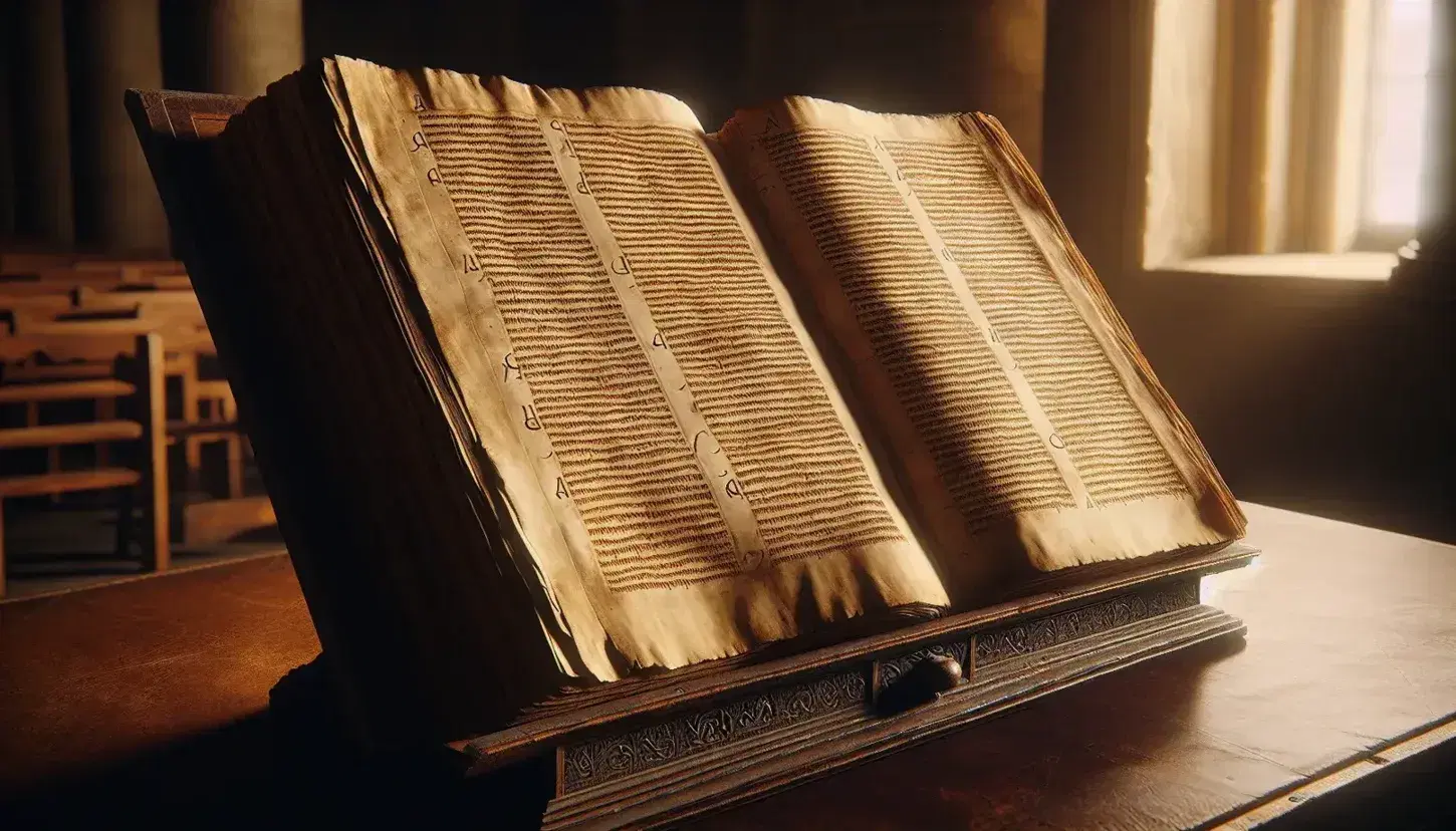 Manoscritto antico su leggio in legno scuro, pagine ingiallite con testo manoscritto in inchiostro marrone, in ambiente dall'aspetto storico.