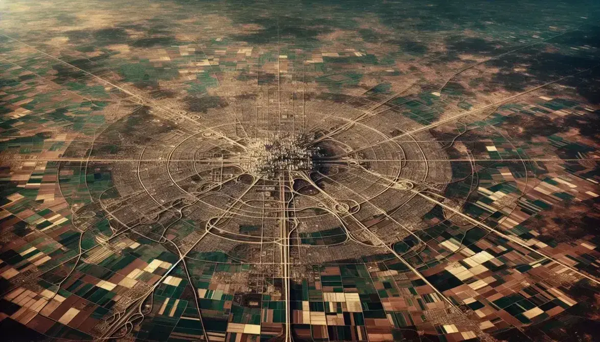 Vista aérea de ciudad con edificios densos en el centro, zonas suburbanas con espacios verdes y áreas rurales con campos agrícolas.