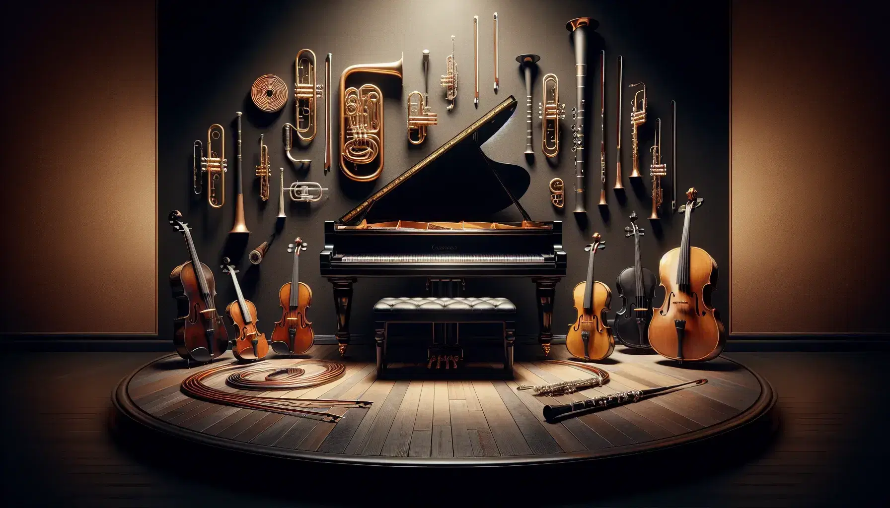 Piano de cola con tapa abierta, violín con arco, flauta transversal plateada, trompeta dorada y clarinete sobre fondo oscuro de escenario.
