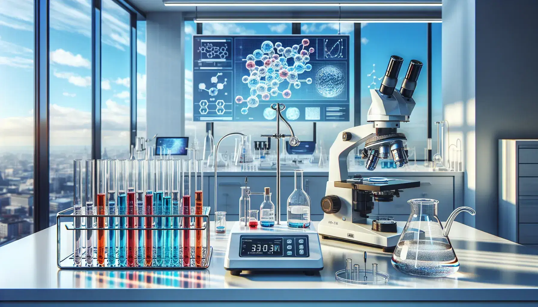 Laboratorio scientifico moderno con microscopio, provette colorate, bilancia digitale, schermo molecolare e pianta verde.