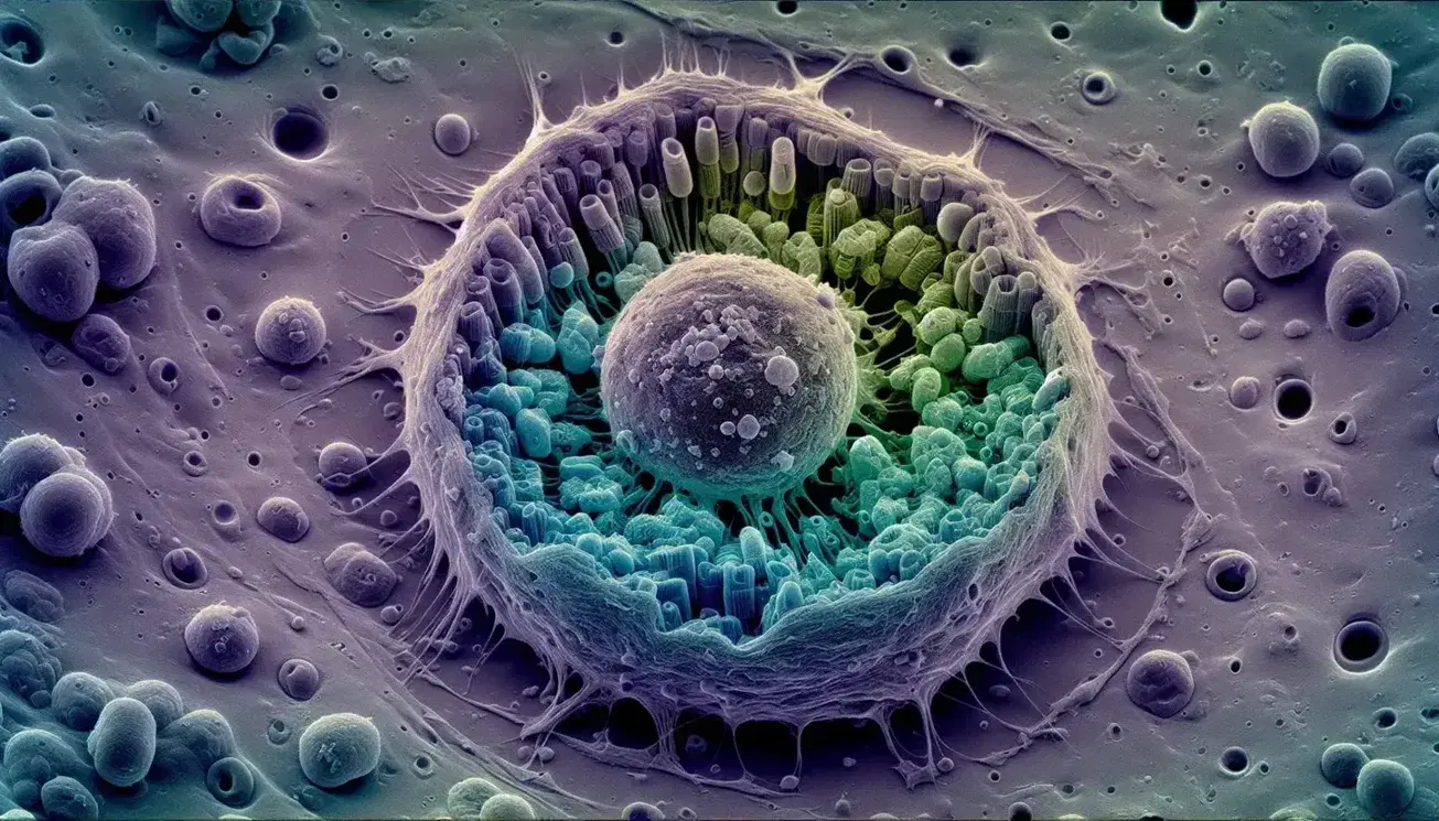 Micrografía electrónica de célula eucariota con núcleo, membrana nuclear con poros, mitocondrias, retículo endoplásmico y vesículas fusionándose.