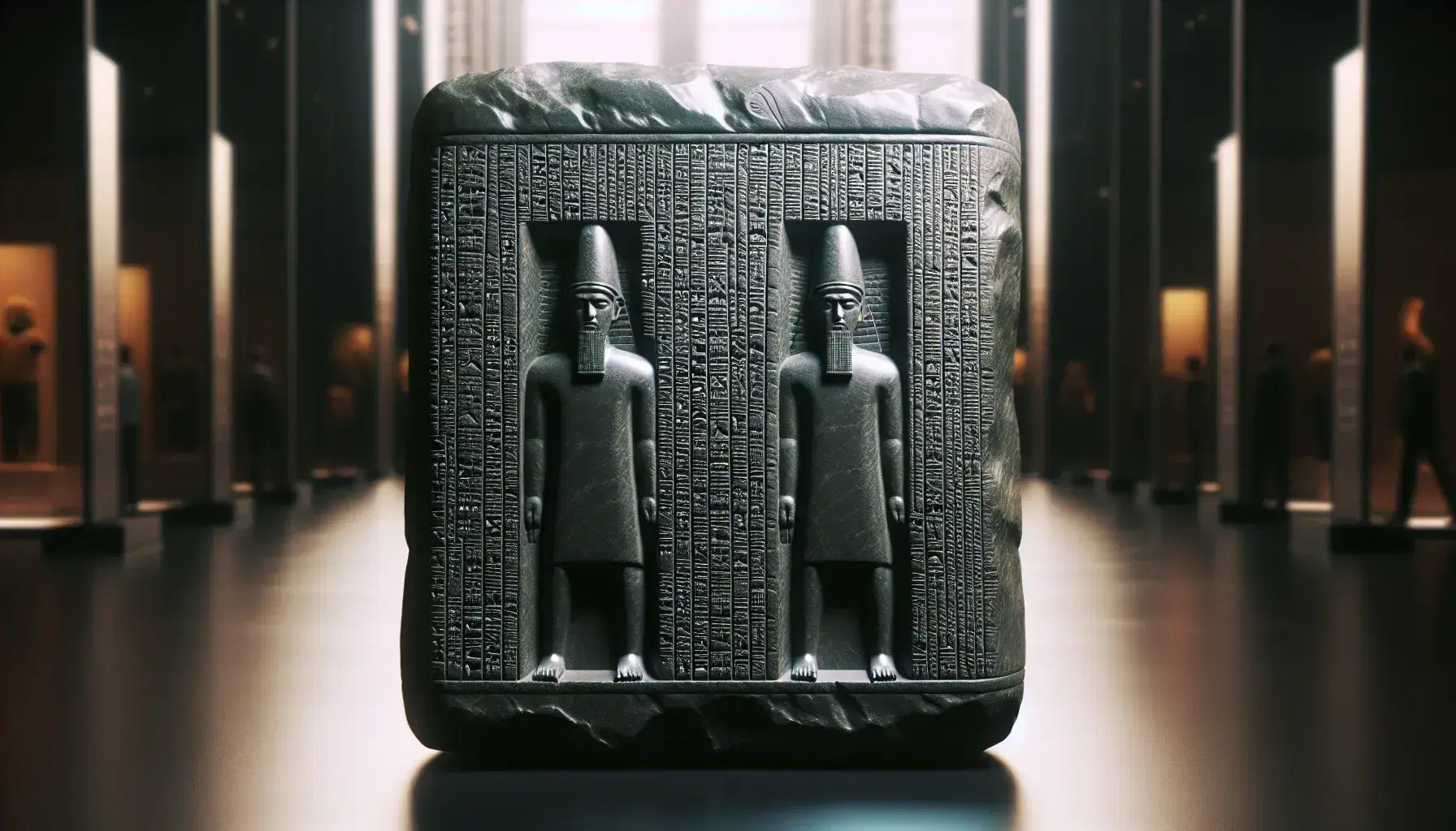 Stele del Codice di Hammurabi in pietra grigia scura con rilievo di due figure umane e colonne di testo inciso, esposta in ambiente sfocato.