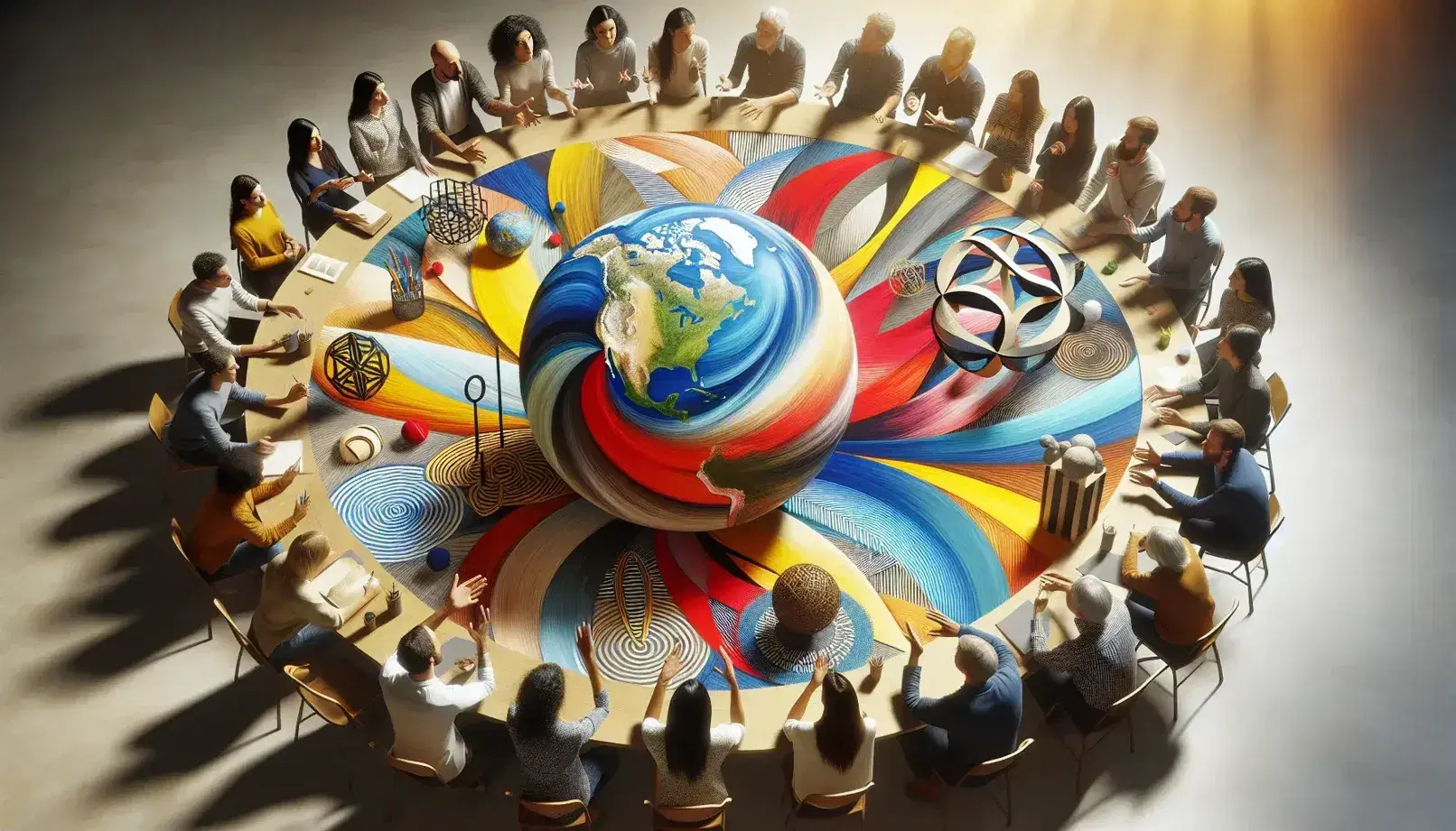 Grupo diverso de personas en animada discusión alrededor de una mesa con un globo, una pintura abstracta y una escultura geométrica, en un ambiente con iluminación suave.