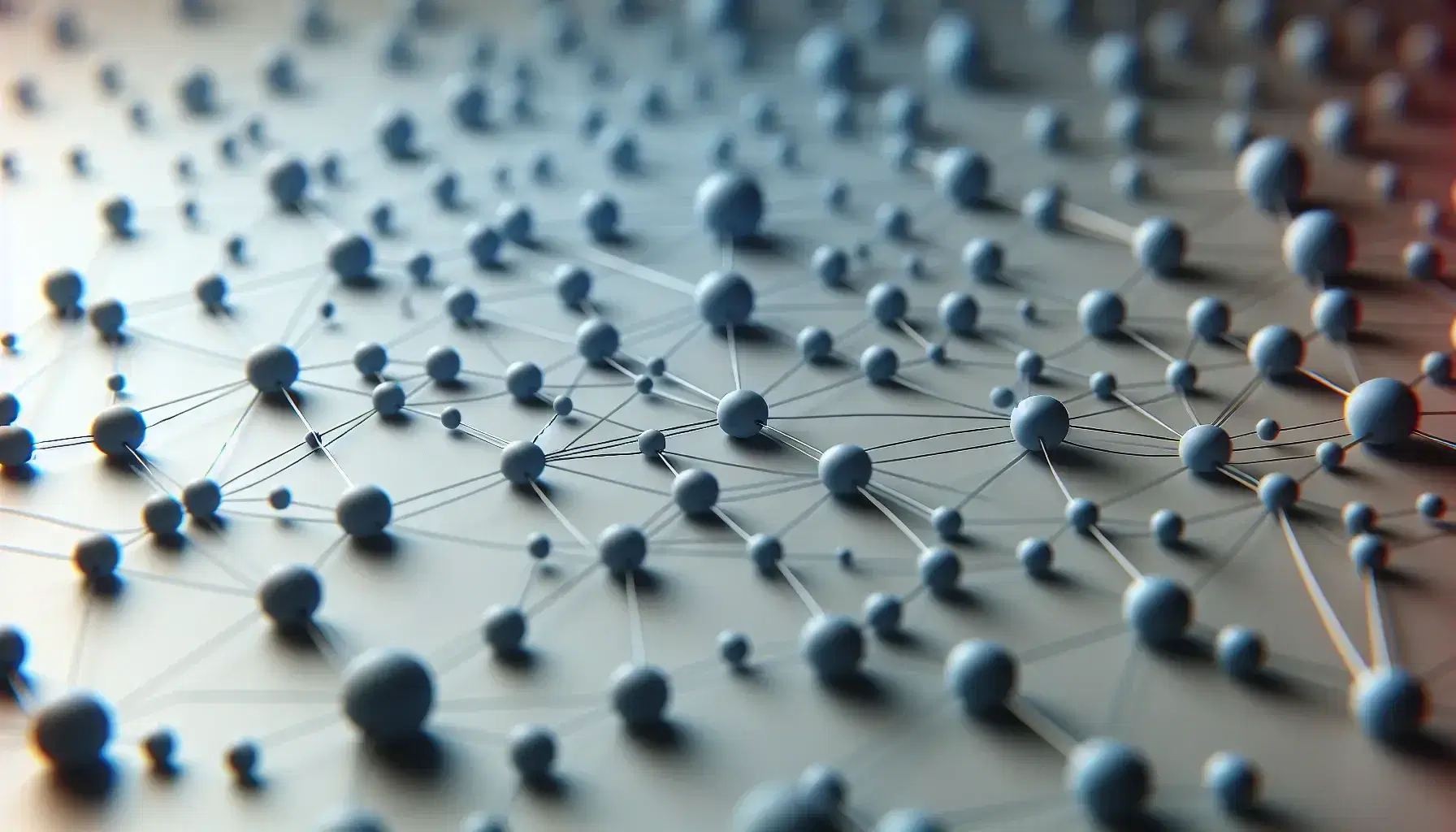 Network of interconnected nodes in shades of blue with gray lines on a neutral background, highlighting more connected central nodes.
