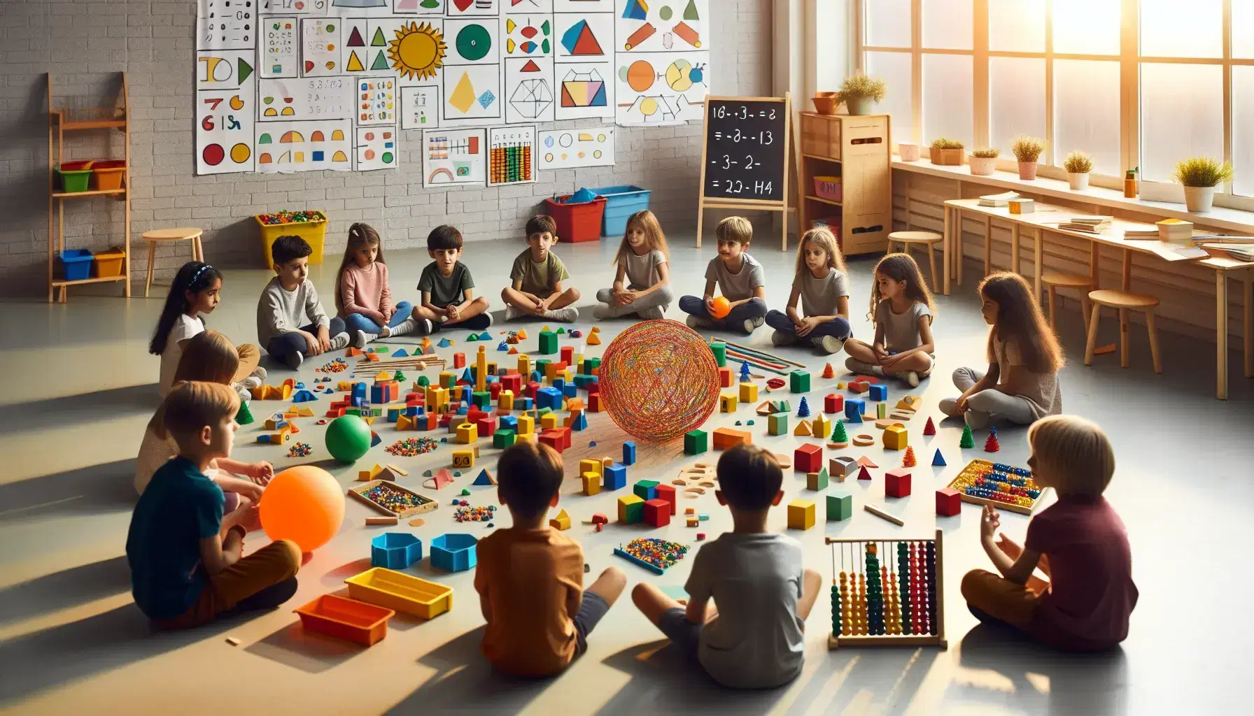 Niños sentados en semicírculo en aula con bloques de construcción y figuras geométricas, interactuando con materiales educativos de matemáticas bajo luz natural.