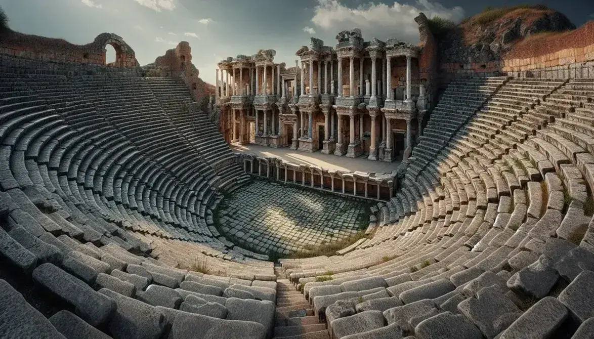 Teatro romano antiguo al aire libre con asientos semicirculares de piedra, orquesta pavimentada y restos de columnas y frisos en el escenario, bajo un cielo azul.