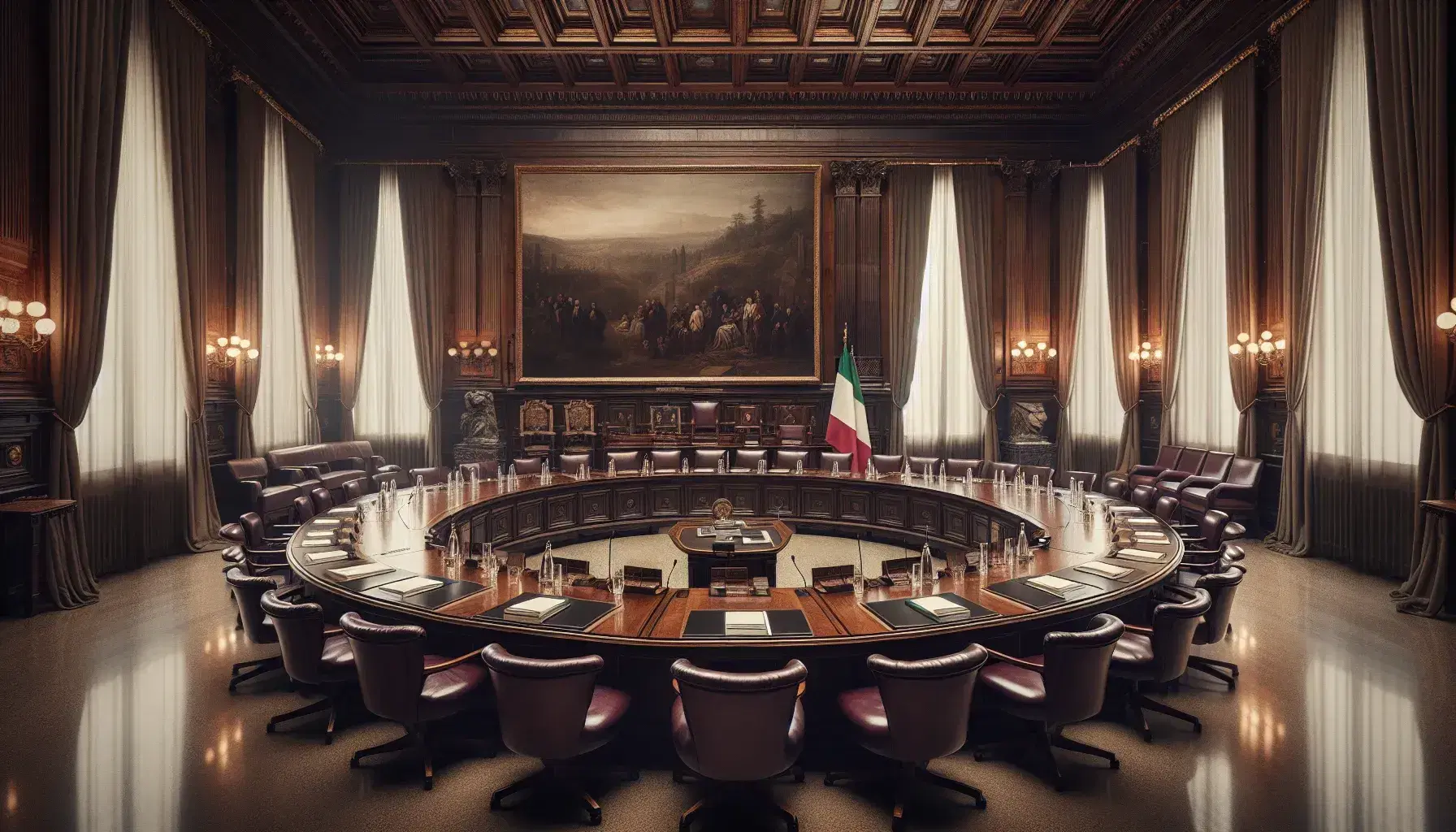 Sala riunioni istituzionale con grande tavolo ovale, sedie in pelle bordeaux, bandiera italiana e podio con microfono.