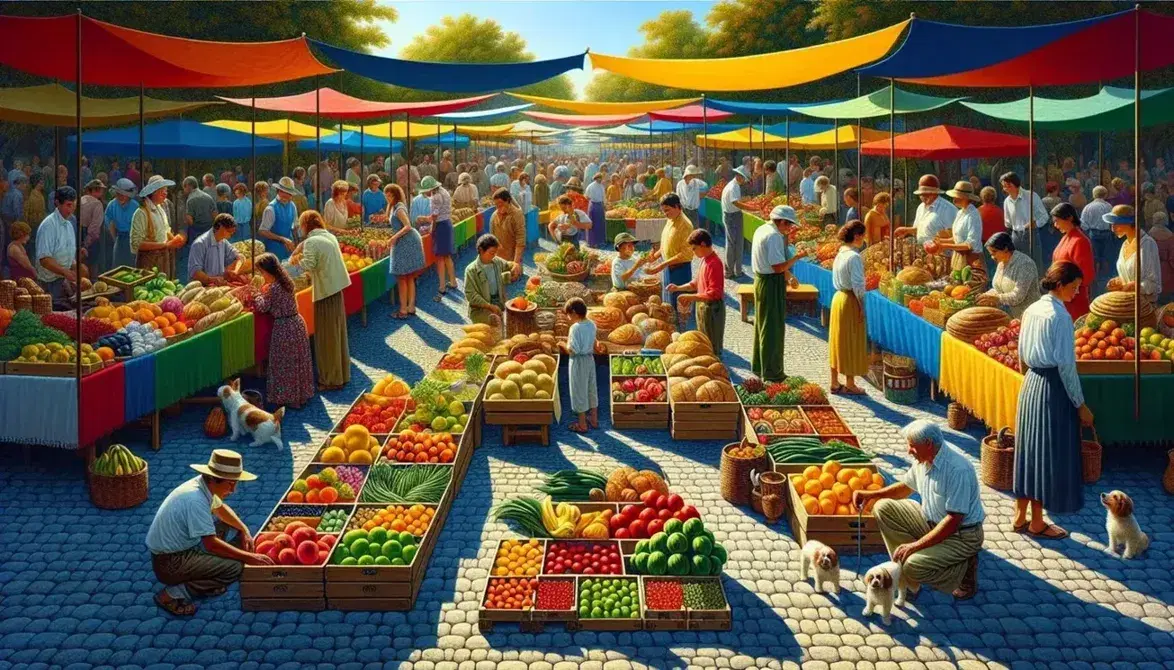 Mercato all'aperto con banchi colorati di frutta, verdura, pane e oggetti artigianali, persone che fanno acquisti e un bambino con un cane.