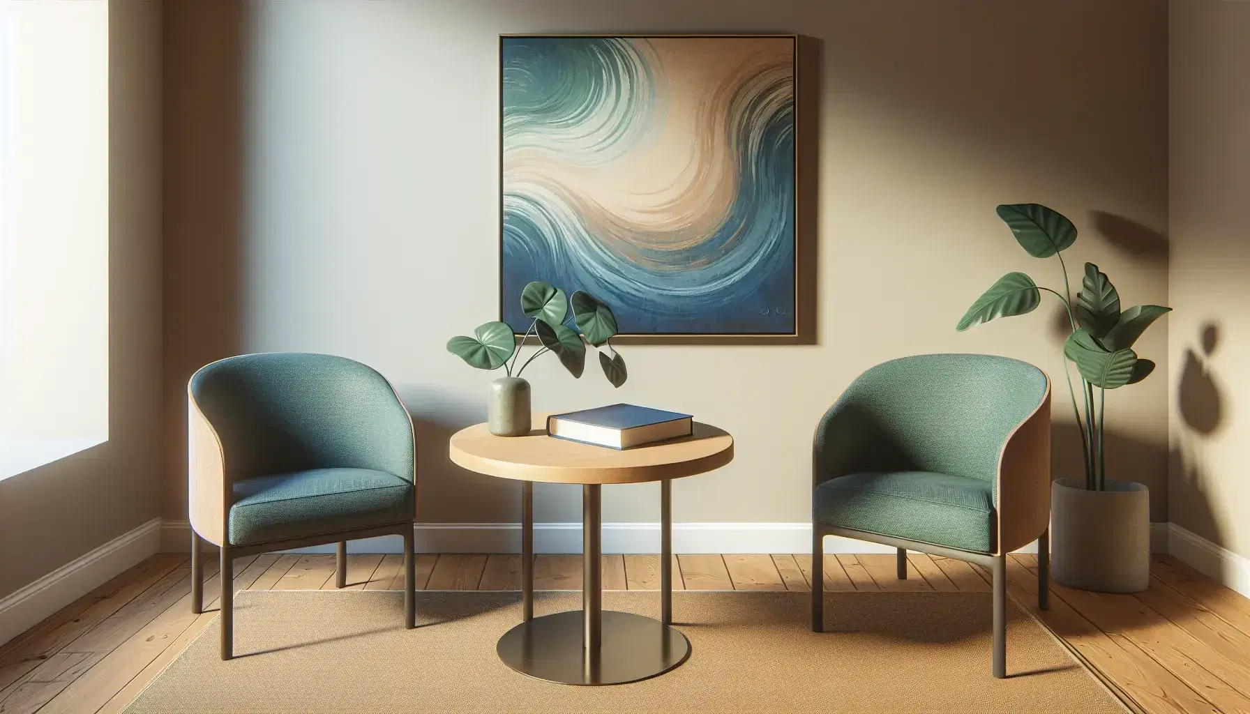 Cozy medical office with round light wooden table, blue book, green plant, turquoise upholstered chairs and abstract painting.