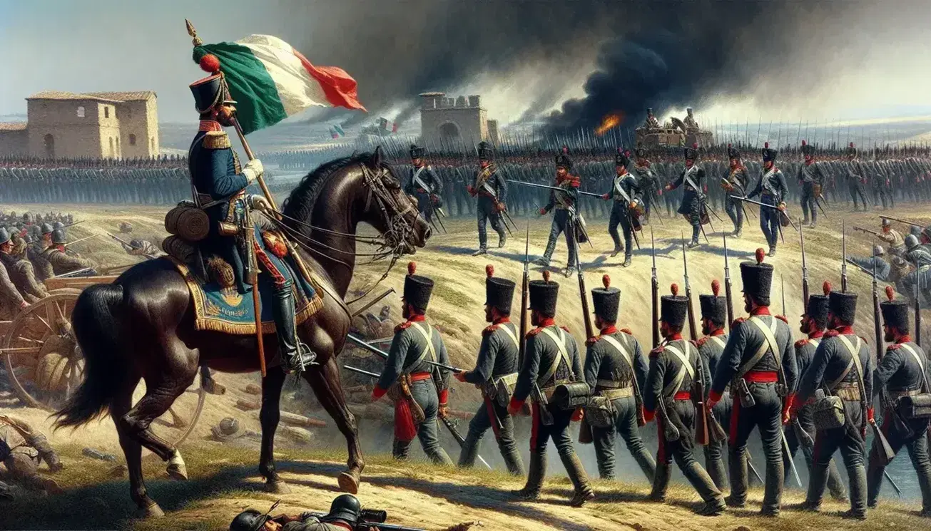 Soldati piemontesi in uniforme con giacche blu e pantaloni rossi, ufficiale a cavallo e bandiera italiana in una scena della Prima Guerra d'Indipendenza.