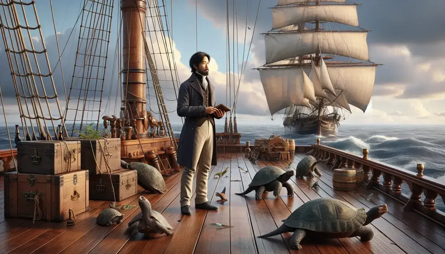 Realistic scene on the deck of a 19th century sailing ship with Asian man, turtle, finch, iguana, unfurled sails and sea on the horizon.
