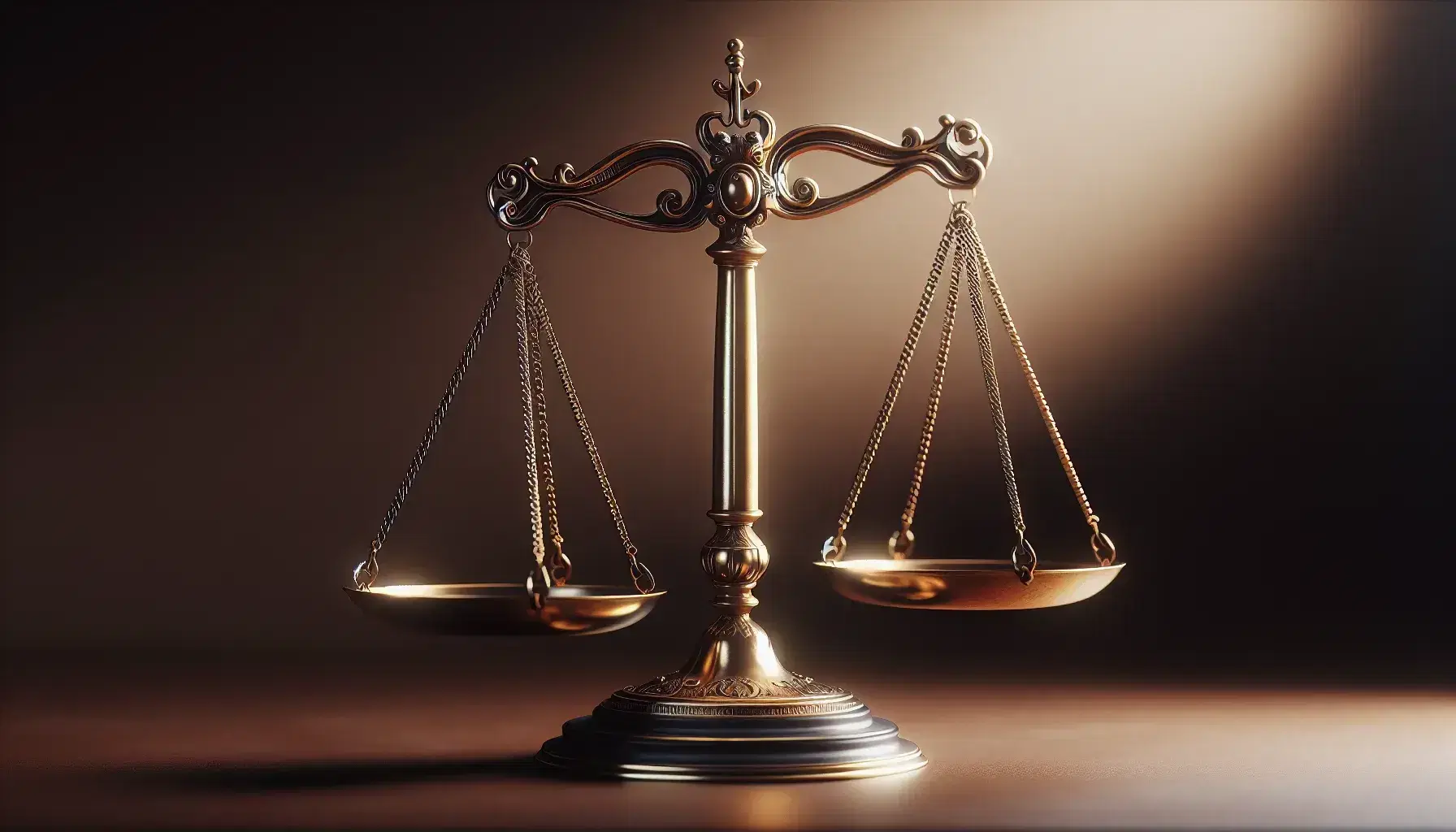 Balanza de la justicia equilibrada en metal brillante sobre superficie de madera oscura, simbolizando equidad y ley sin elementos distractores.