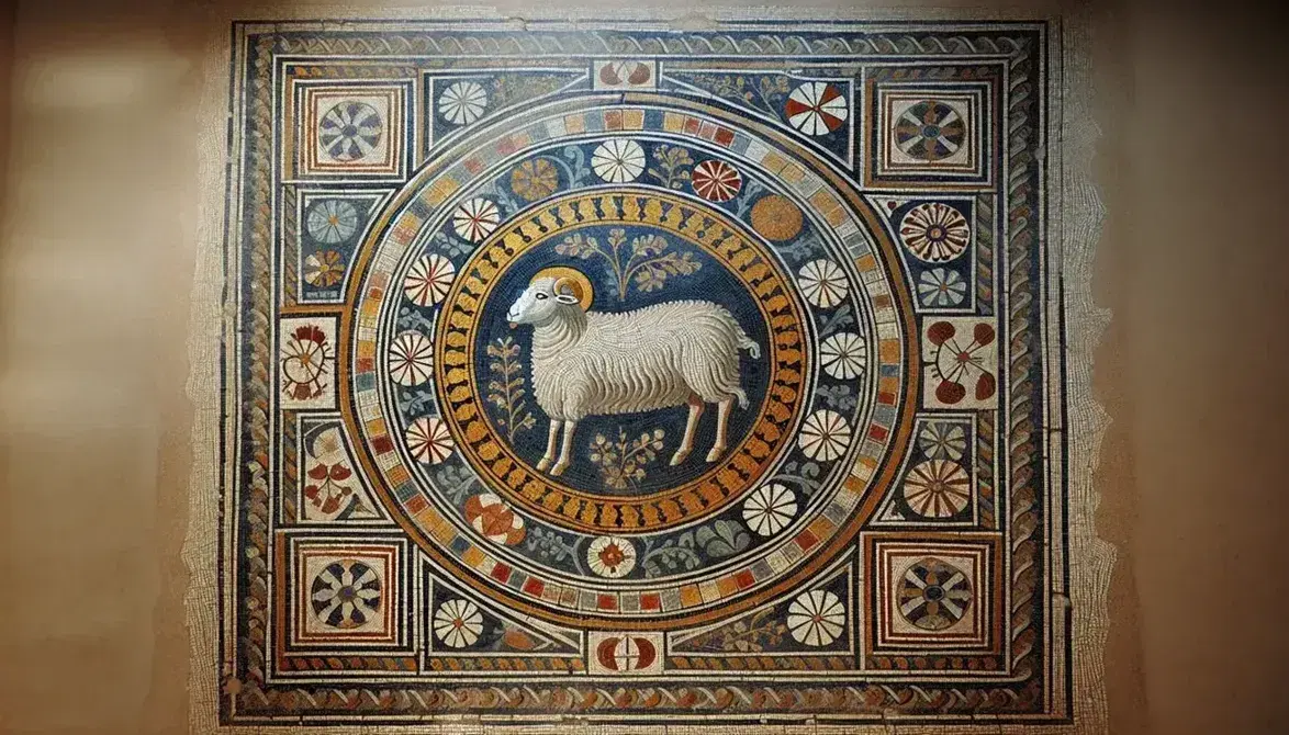 Mosaico pavimentale cristiano antico con agnello dorato al centro su sfondo blu, circondato da motivi geometrici e floreali, bordura con croci.