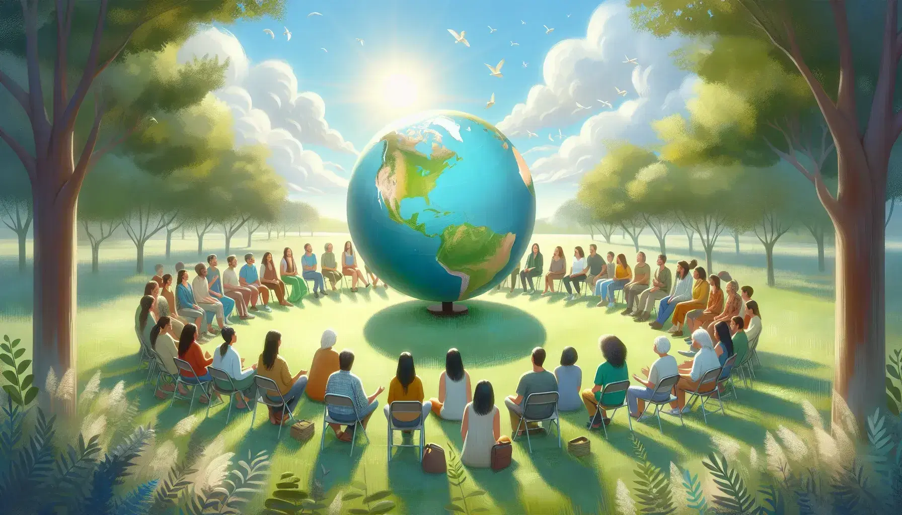 Gruppo multietnico in cerchio all'aperto discute attorno a un globo terrestre, in un parco con alberi e cielo azzurro.