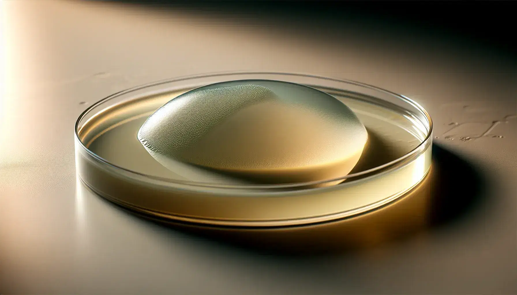 Close-up view of a milky white bacterial colony with a capsule on a pale yellow agar plate, showcasing its smooth, glistening texture and well-defined edges.