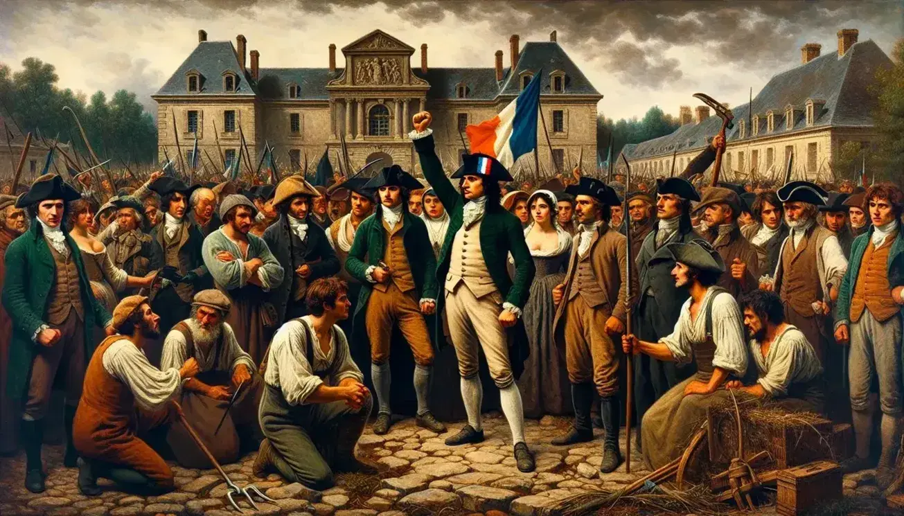 Revolutionary crowd with raised fists and farming tools in front of a smoke-shrouded manor during the French Revolution, under a stormy sky.