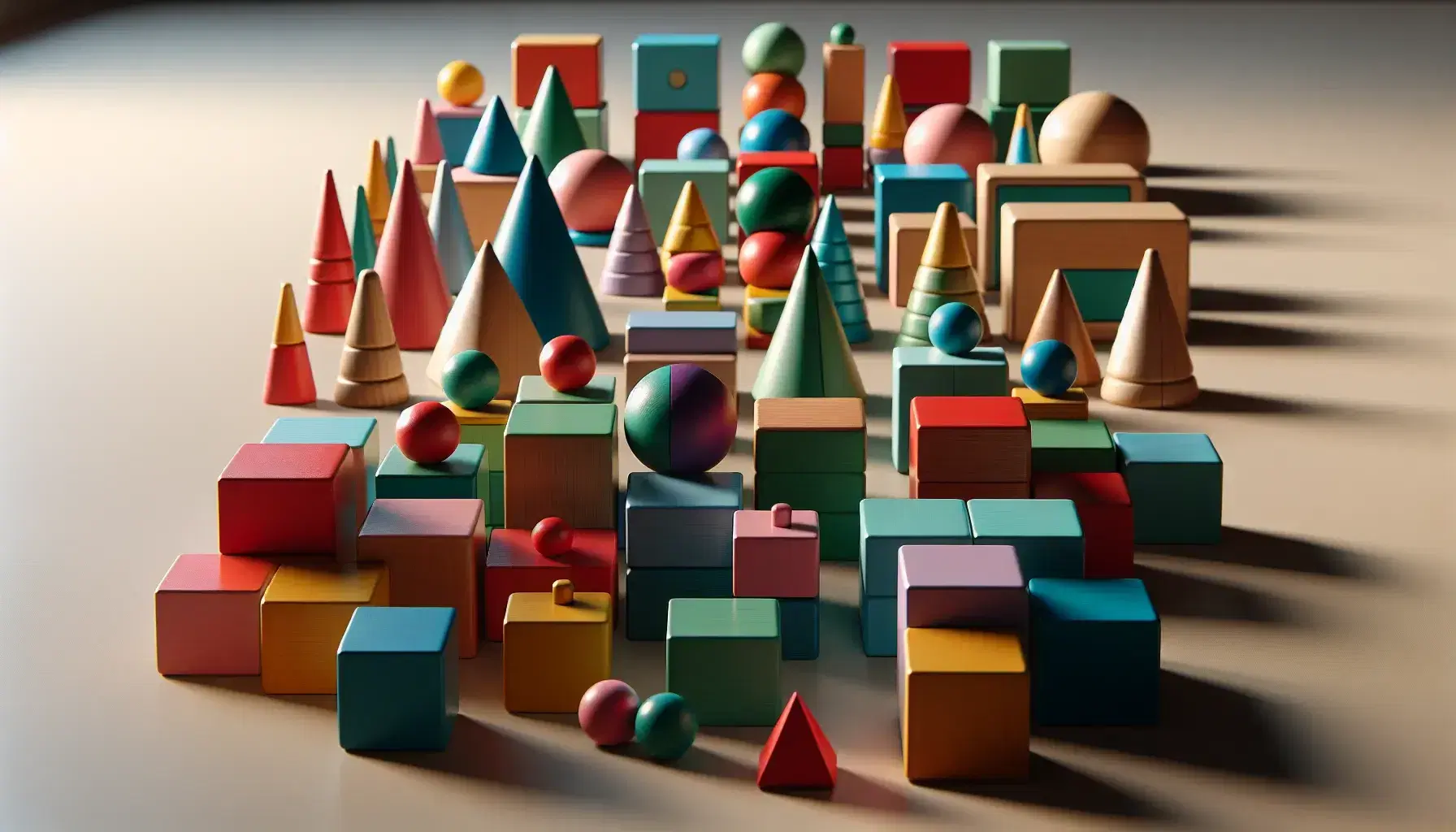 Bloques de madera geométricos en colores vivos, con filas de cubos y pirámides truncadas alineadas sobre superficie lisa.