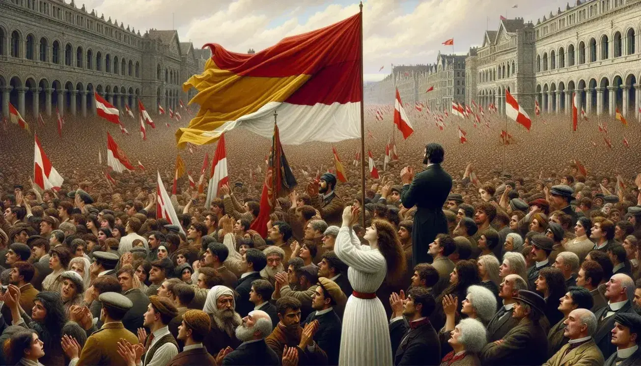 Diverse crowd gathers in European square with red and yellow striped flags, man holding flagpole, woman clapping enthusiastically, clear sky above.