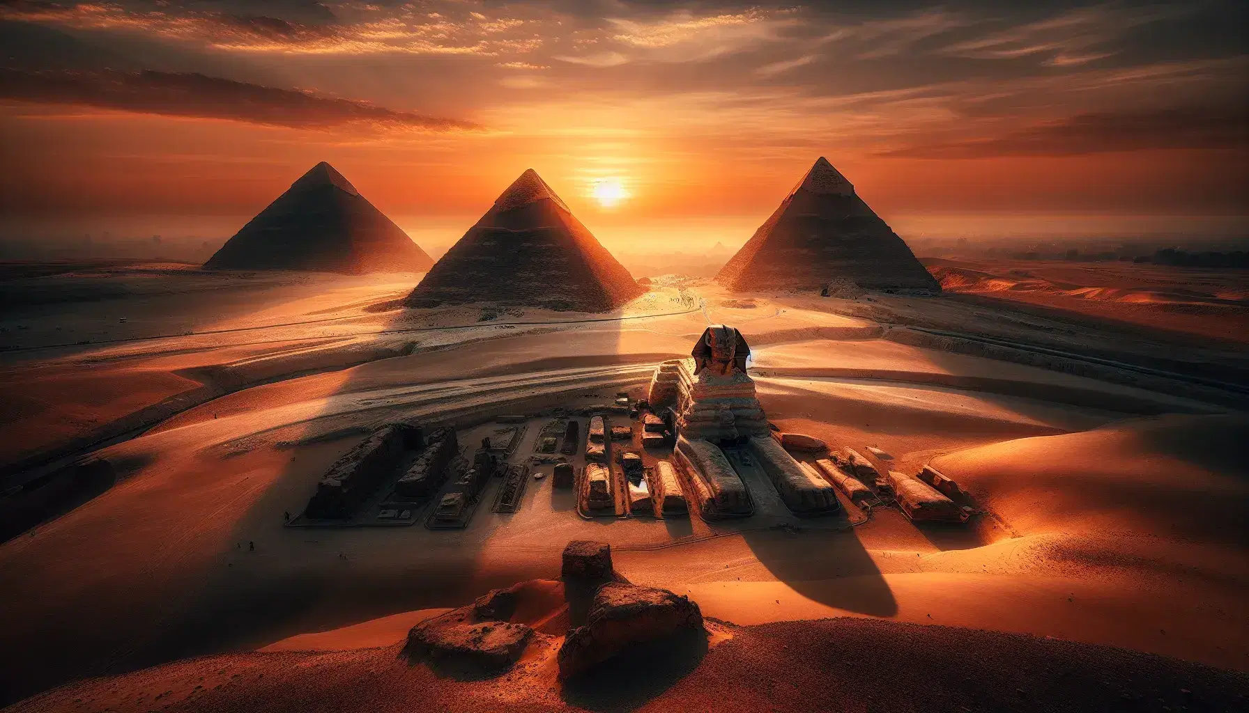 Vista panoramica del complesso di Giza al tramonto con le tre grandi piramidi e la Sfinge, cielo arancione e ombre lunghe sulla sabbia.