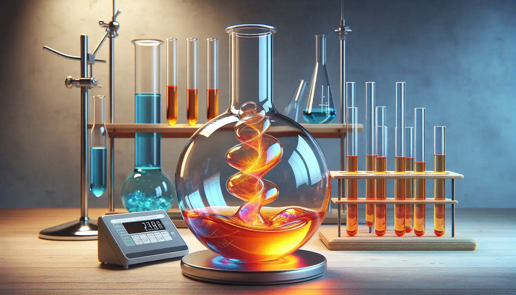 Glass flask on laboratory bench with orange liquid, colored test tubes on stand and digital balance with crucible and crystalline solids.