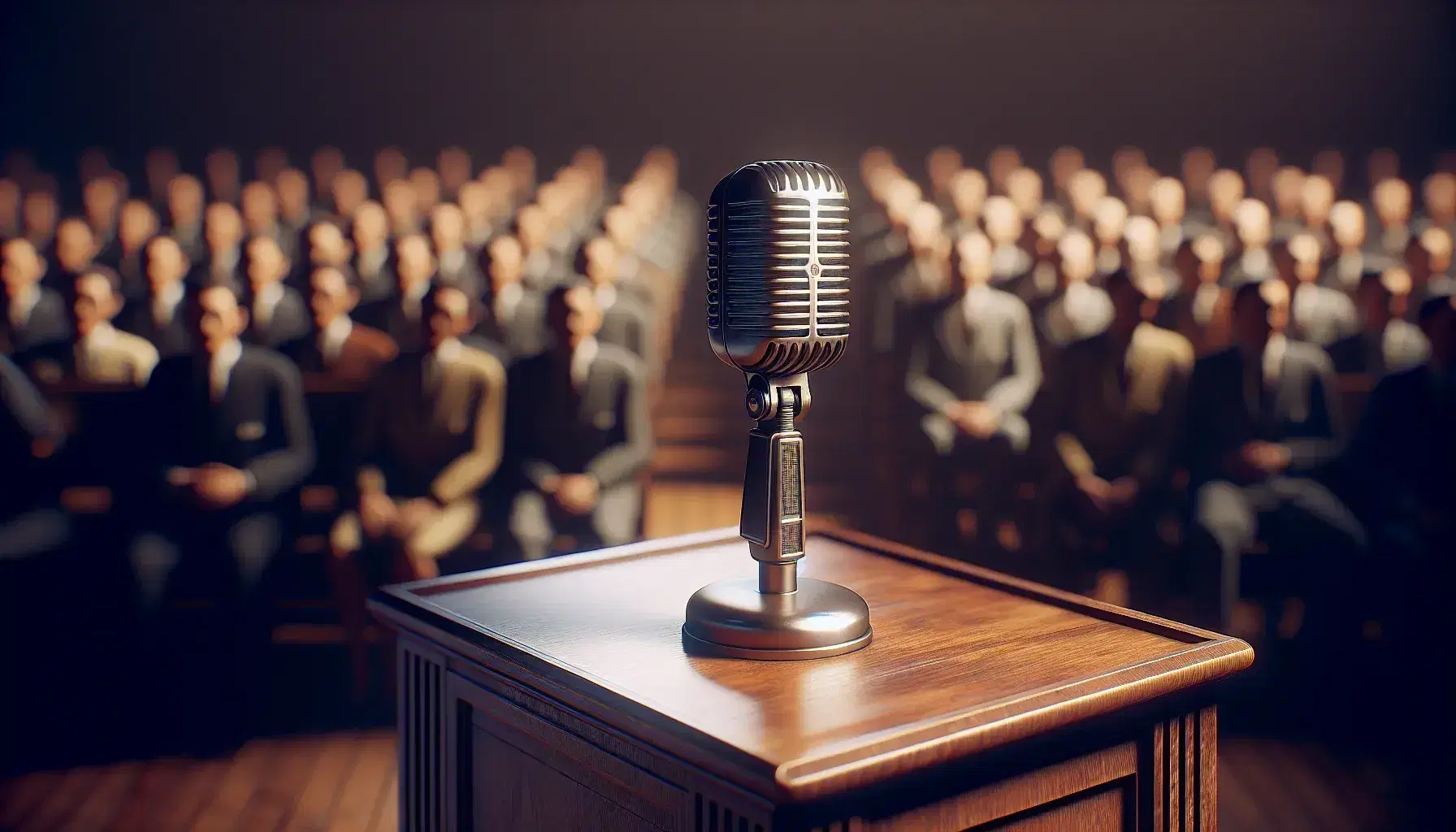 Vintage mid-20th-century microphone on a dark wooden podium with a blurred audience in the background, in a dimly lit auditorium setting.