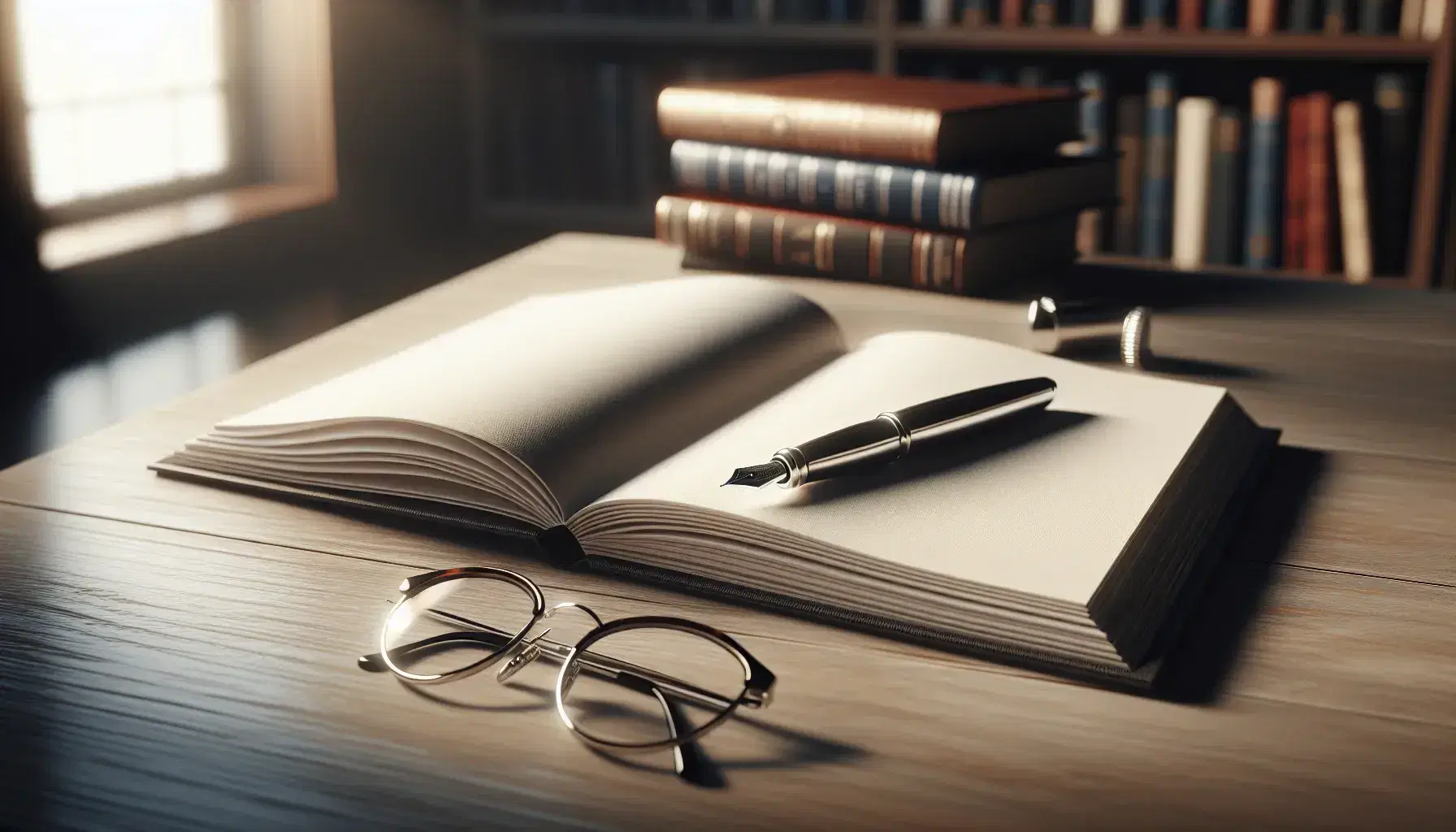 Libro aperto con pagine bianche su scrivania in legno chiaro, accanto penna stilografica nera e occhiali tondi, sfondo sfocato con libreria.