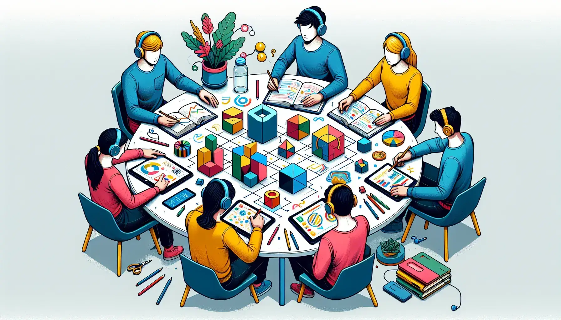 Cinque studenti collaborano intorno a un tavolo rotondo con blocchi geometrici colorati, disegni, libro, tablet e appunti.