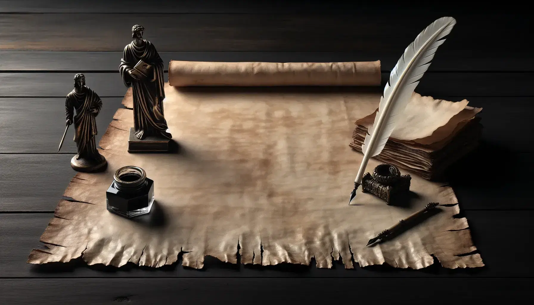 Pergamena antica su tavolo scuro con penna d'oca e calamaio, statuetta bronzo uomo medievale e modello 3D montagna innevata.