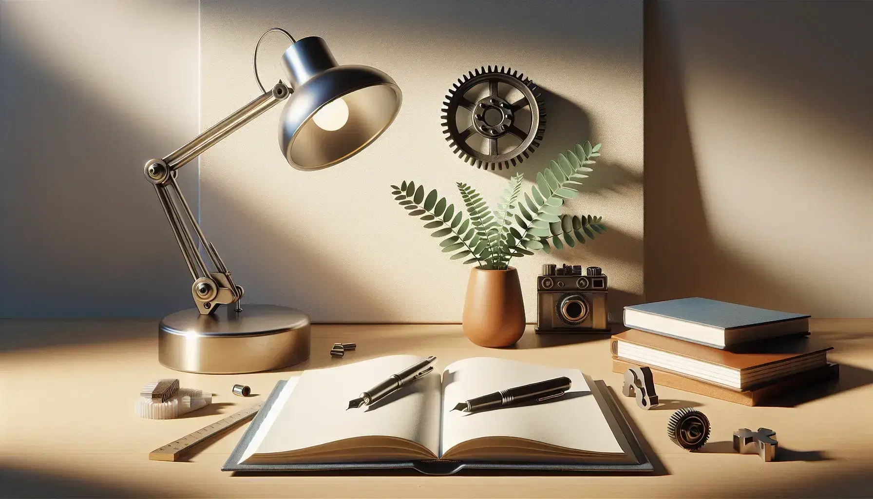Scrivania in legno chiaro con libro aperto, penna stilografica nera, pianta in vaso terracotta, lampada da tavolo e modello di ingranaggio metallico.