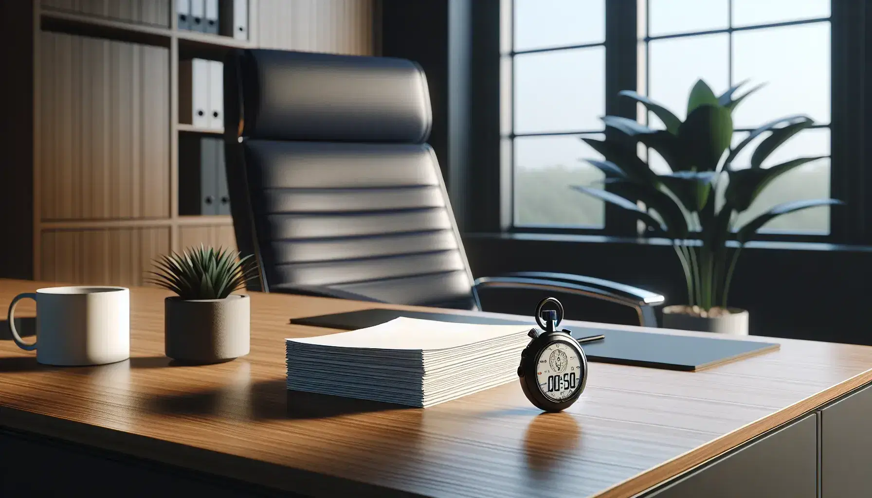 Tidy office with wooden desk, blue upholstered chair, green plant, digital stopwatch, gray cabinet and beaker on bright window.