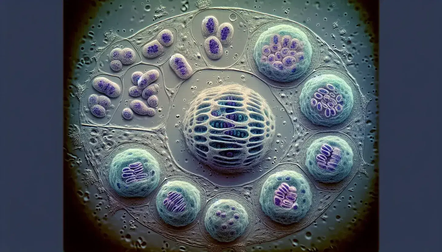 Células en mitosis bajo microscopio óptico mostrando fases de metafase, anafase, telofase y citocinesis, con núcleos difusos en interfase alrededor.