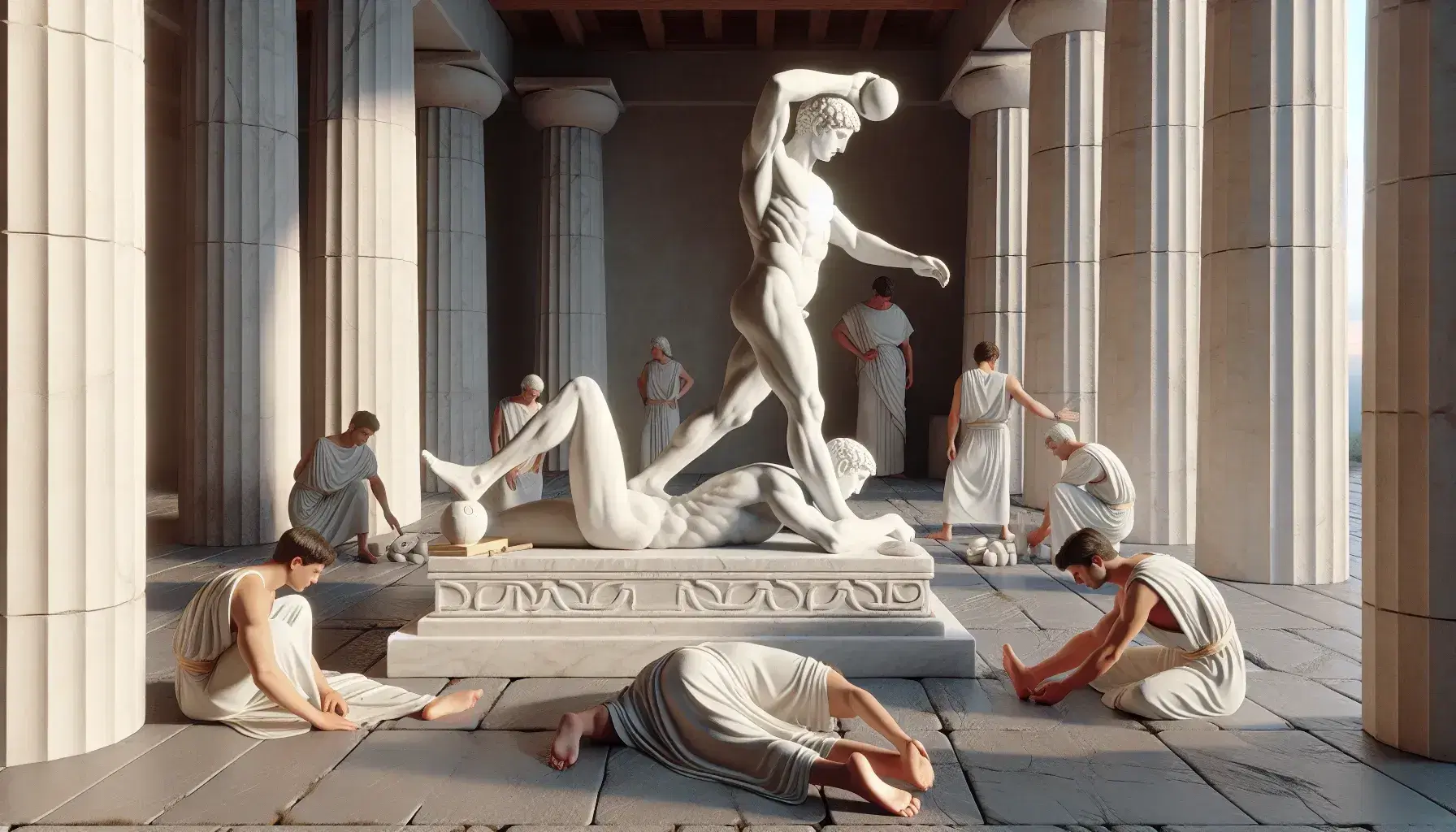 Escena al estilo de la Grecia clásica con estatua de atleta en posición de lanzamiento de disco y tres personas en sesión de masajes y estiramientos, rodeados de columnas dóricas.