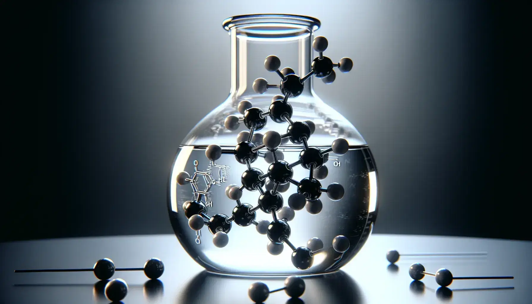 Three-dimensional molecular model of cyclohexane in chair shape suspended in slightly yellow liquid inside a glass flask on a reflective surface.