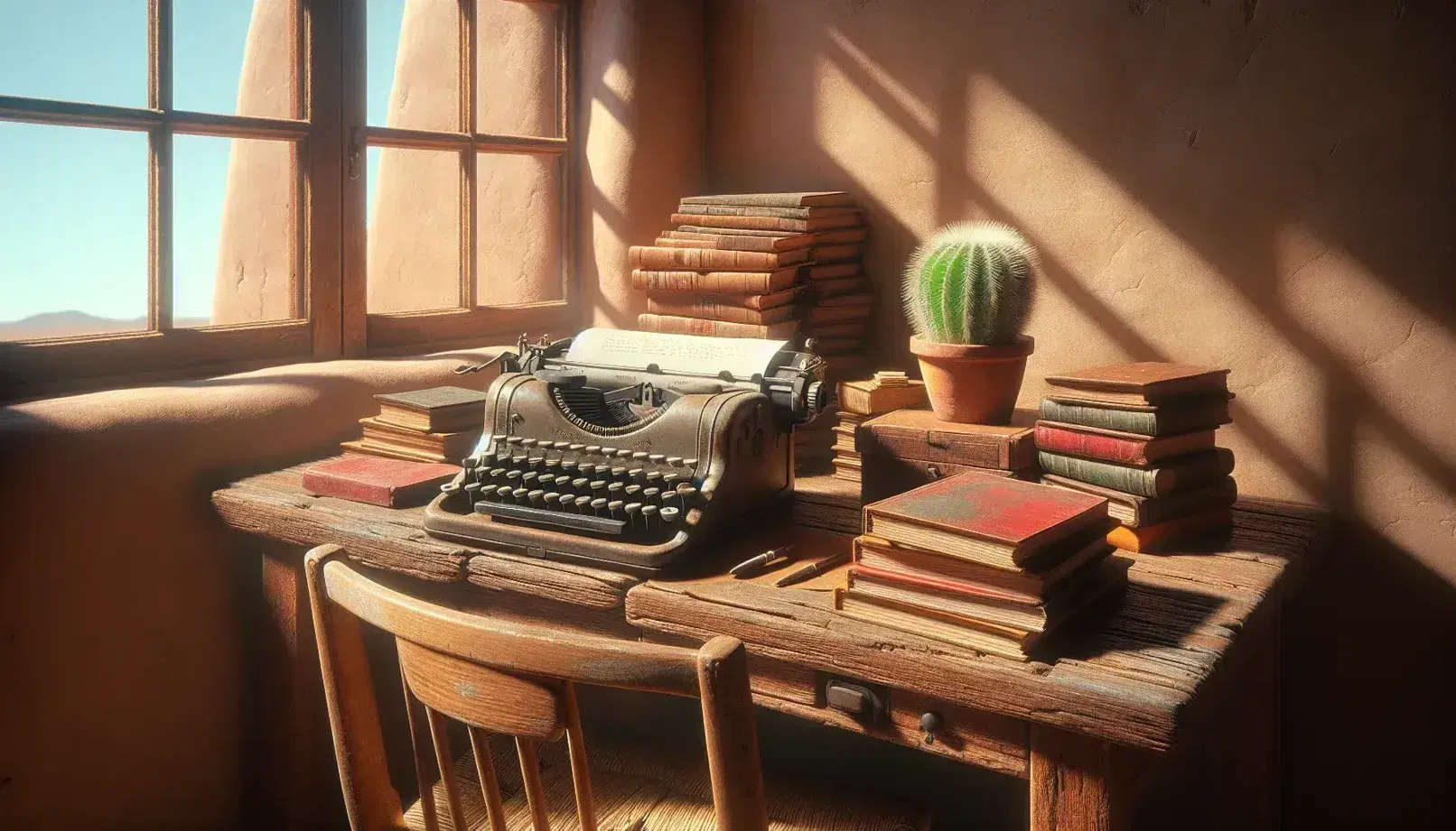 Rustic wooden desk with vintage typewriter, stack of worn books, and potted cactus on a windowsill in a sunlit adobe-walled room.